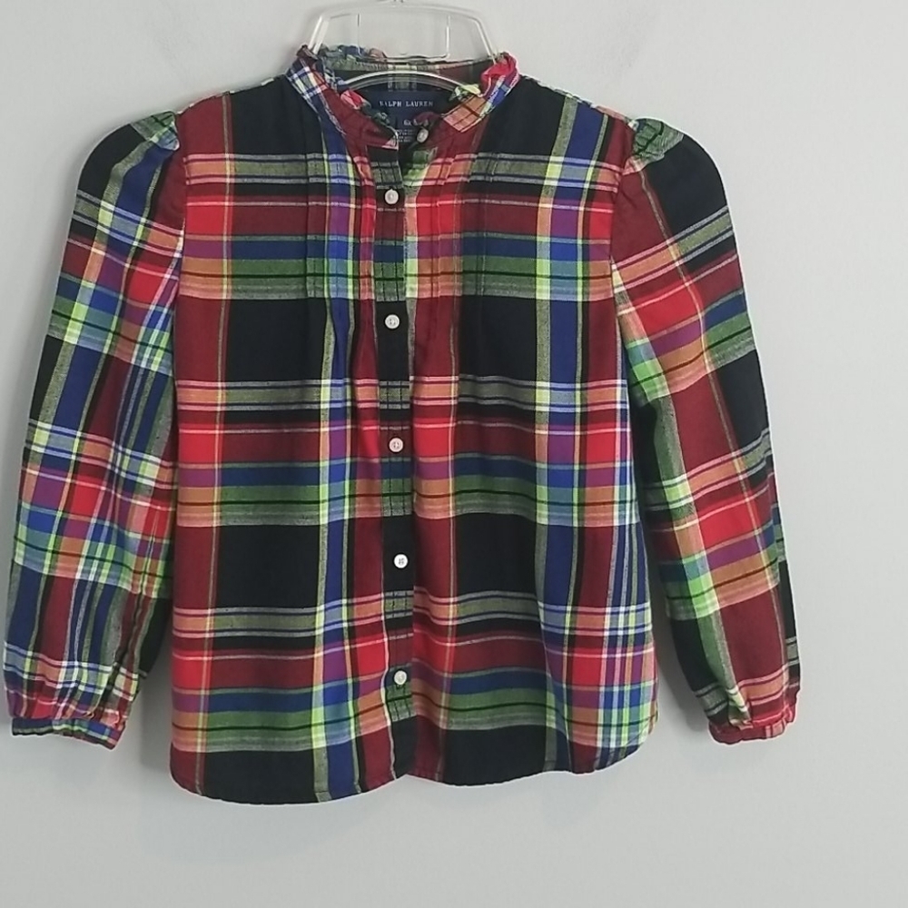 RALPH LAUREN button down red green plaid ruffle top
